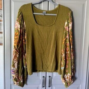 Anthropologie Bl-nk London Floral Long Balloon Sleeve Sweater Blouse, Green,